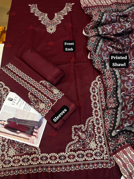 Izel 3Pc Embroidered Dhanak Suit With Wool Dupatta