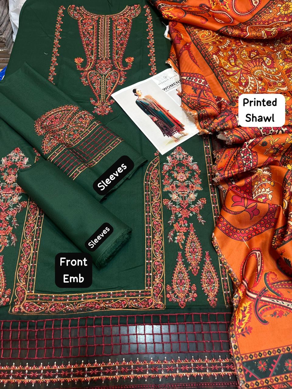 Hussain Rehar 3Pc Embroidered Dhanak Suit With Heavily Embroidered Shawl