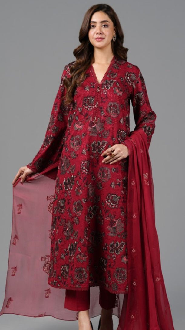 Bareeze 3Pc Embroidered Dhanak Suit With Heavily Embroidered Shawl