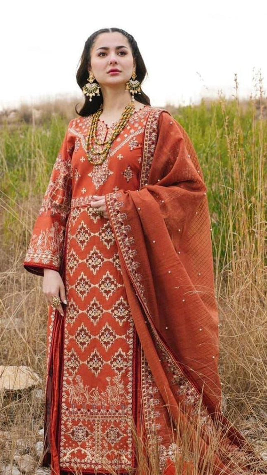 Qalamkar 3Pc Embroidered Dhanak Suit With Heavily Embroidered Shawl