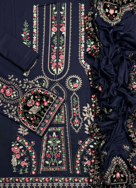 Maria B. 3Pc Embroidered Dhanak Suit With Velvet Embroidered Shawl