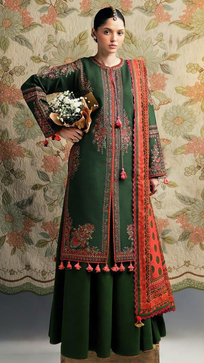 Hussain Rehar 3Pc Embroidered Dhanak Suit With Heavily Embroidered Shawl