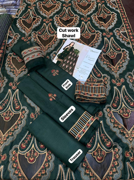 Bareeze 3Pc Embroidered Dhanak Suit With Heavily Embroidered Cutwork Shawl