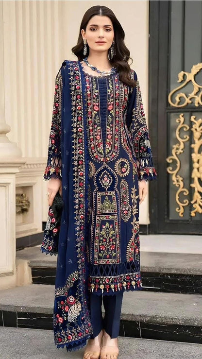 Maria B. 3Pc Embroidered Dhanak Suit With Velvet Embroidered Shawl