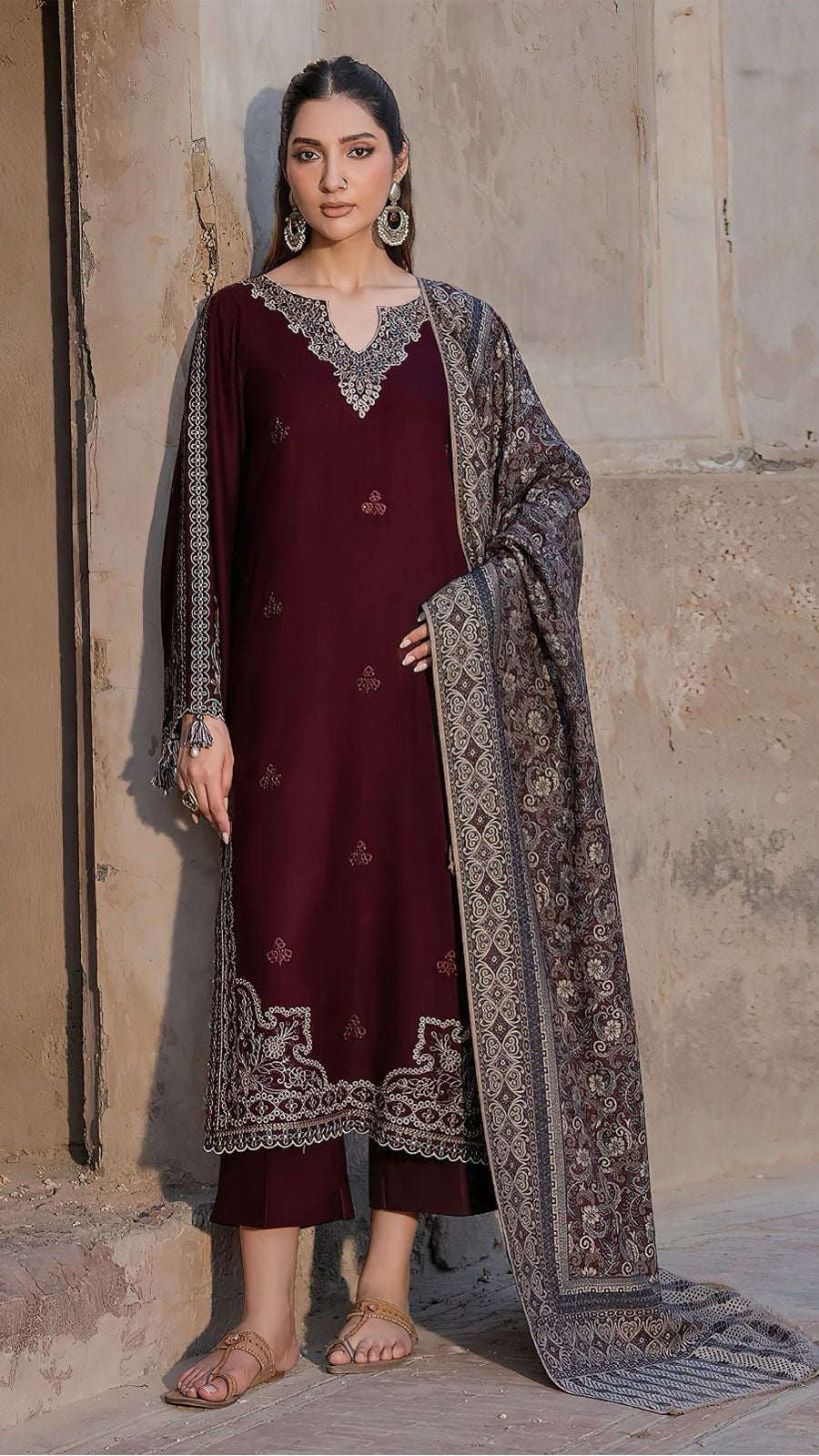 Izel 3Pc Embroidered Dhanak Suit With Wool Dupatta
