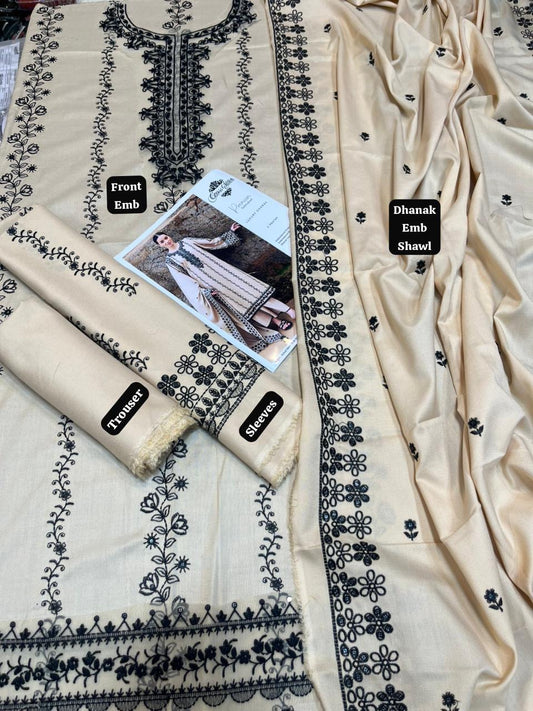 Cross Stitch 3Pc Embroidered Dhanak Suit With With Heavily Embroidered Shawl