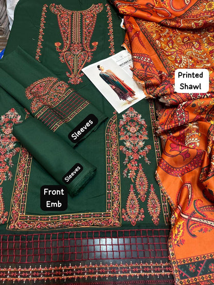 Hussain Rehar 3Pc Embroidered Dhanak Suit With Heavily Embroidered Shawl